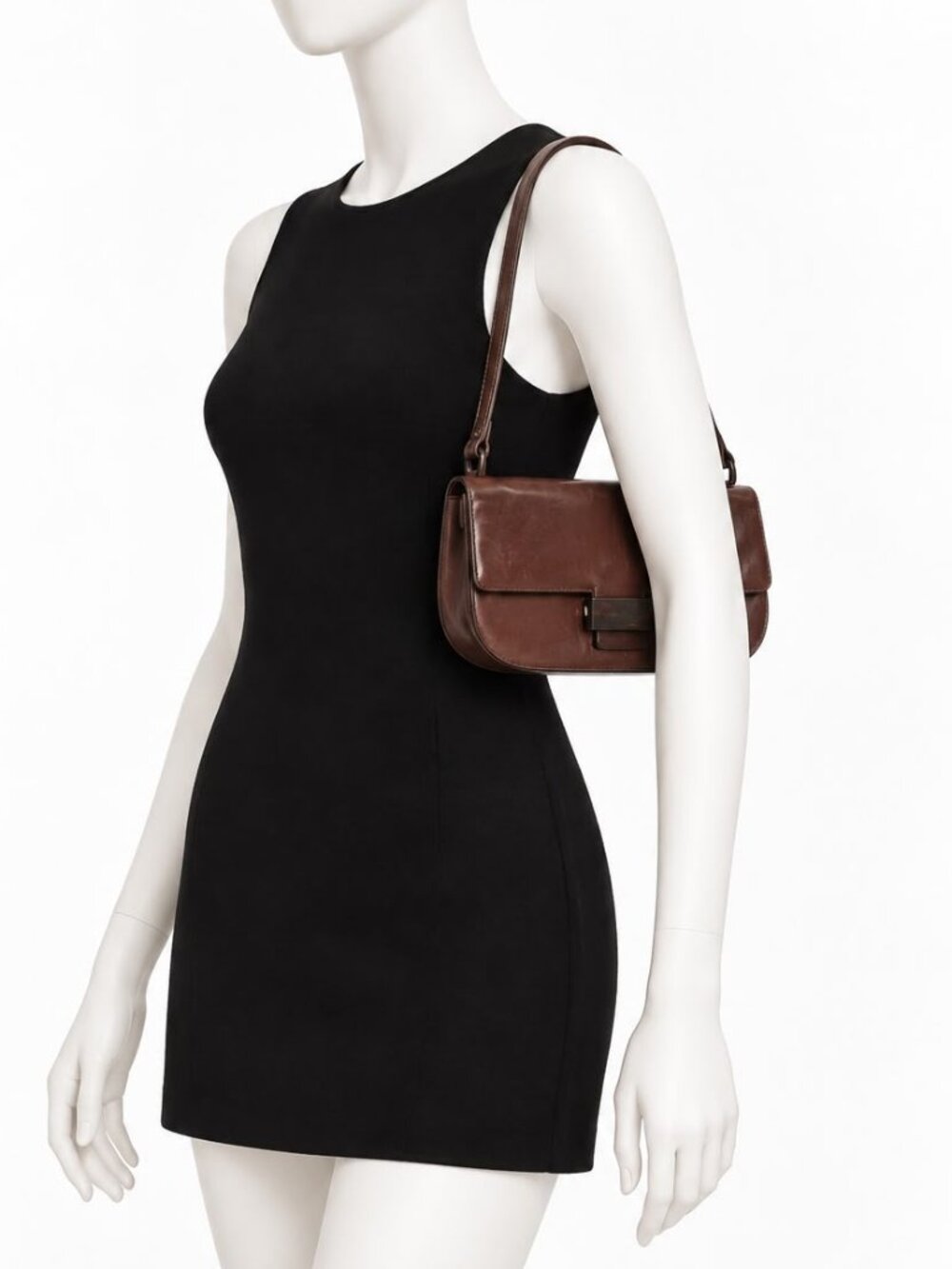 Vintage Prada Brown Leather Shoulder Bag Flap Clasp Logo Purse